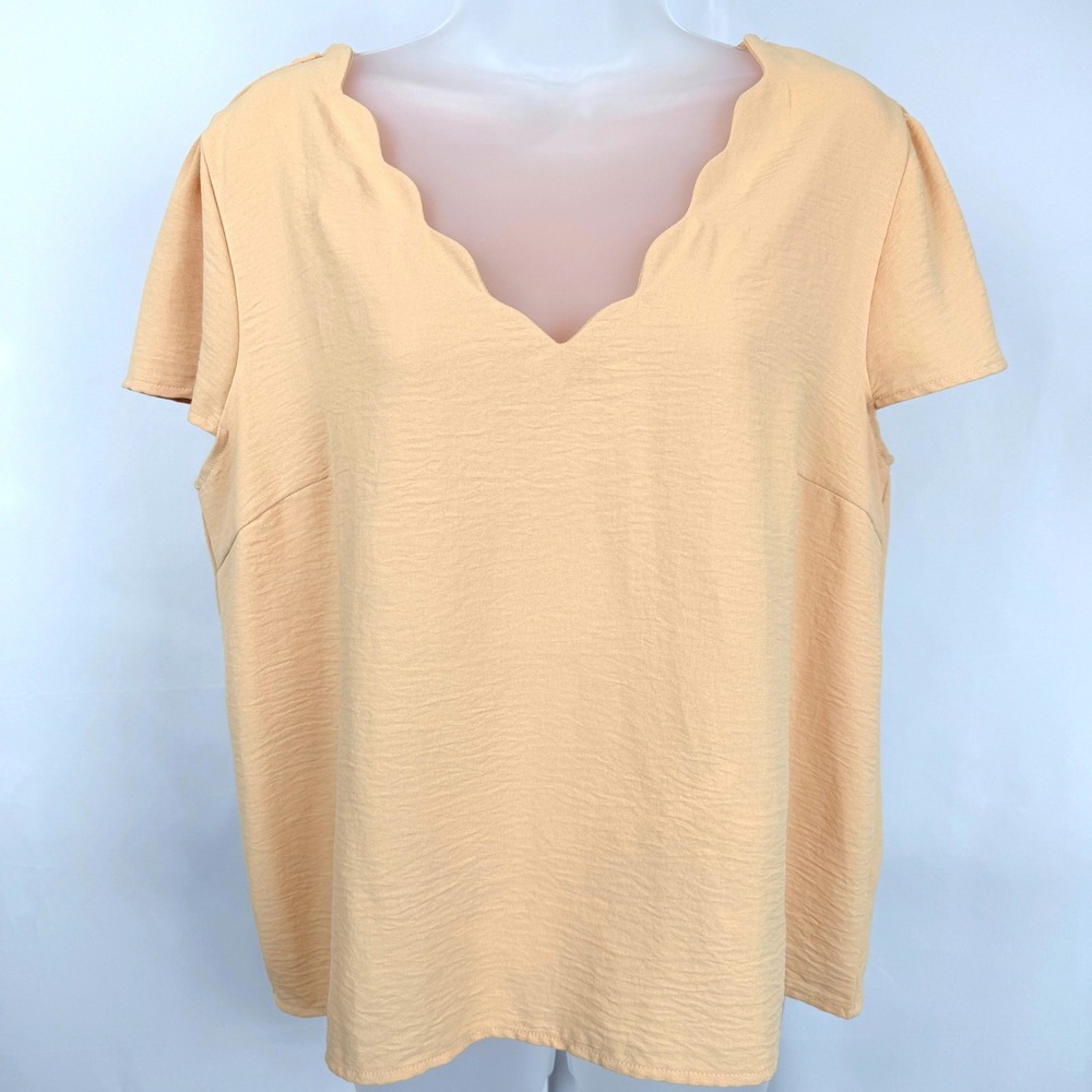 Basil & Lola Peach Scallop Neck Blouse L Flutter Sleeve Casual Office Top Women‎